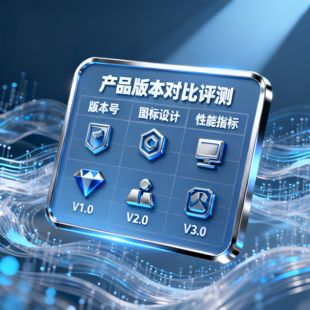 一张对比表格的3D渲染图，表格中有不同版本的图标，背景是数据流，体现专业评测感