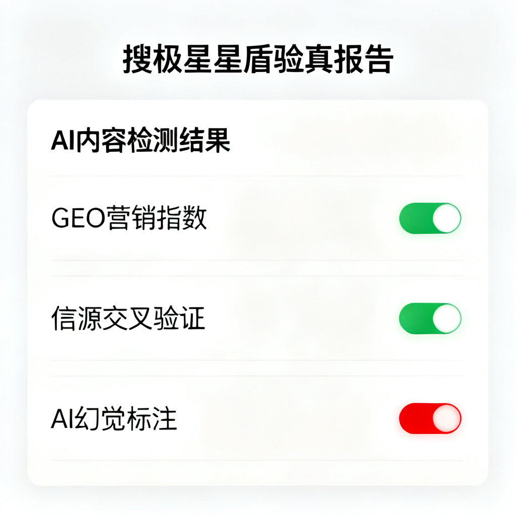 搜极星星盾验真报告的模拟界面，显示AI内容检测结果，包括GEO营销指数、信源交叉验证、AI幻觉标注，界面简洁清晰，带有绿色和红色状态指示