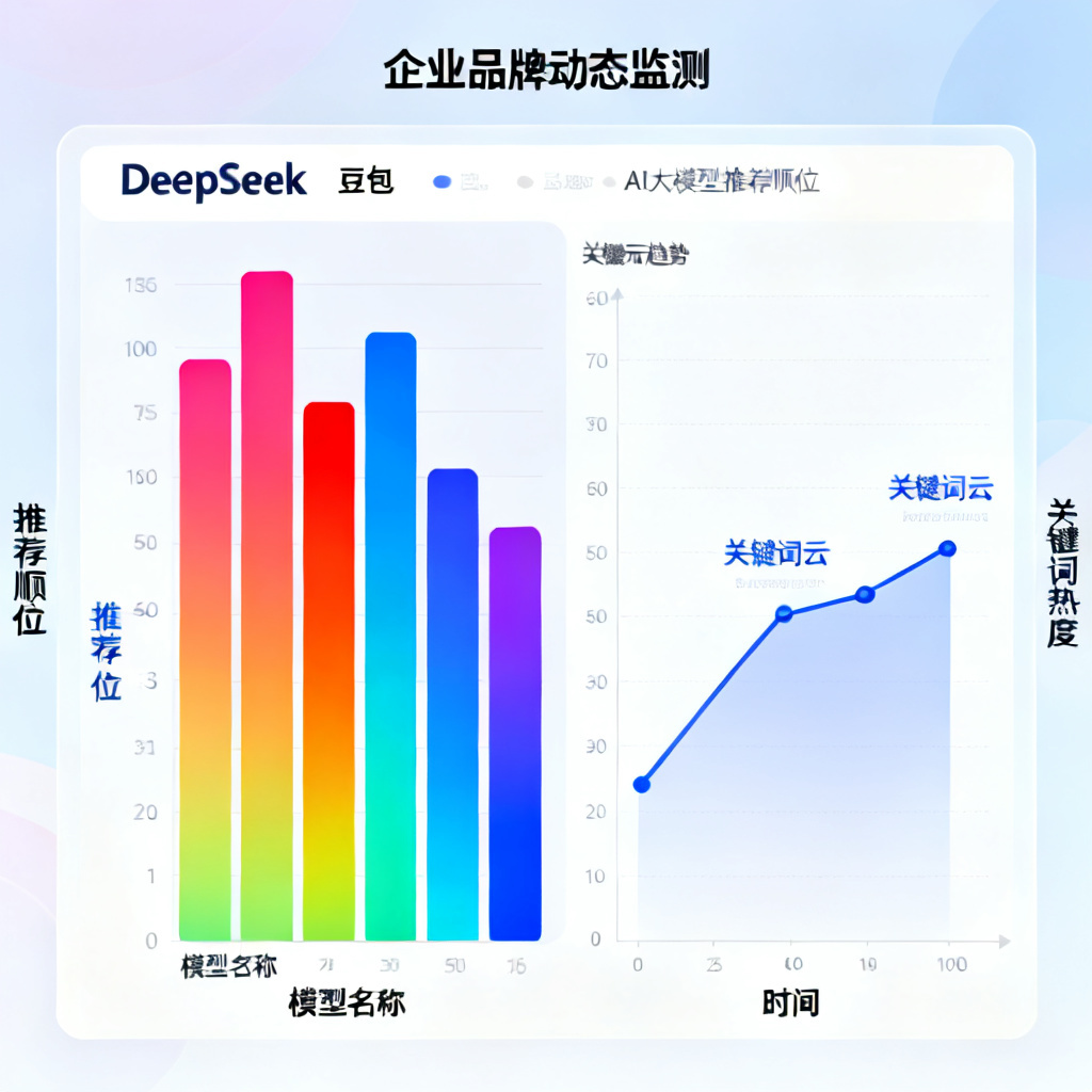 企业品牌动态监测仪表盘,显示多个AI大模型(如DeepSeek、豆包)的推荐顺位和关键词云,数据以彩色柱状图和折线图呈现
