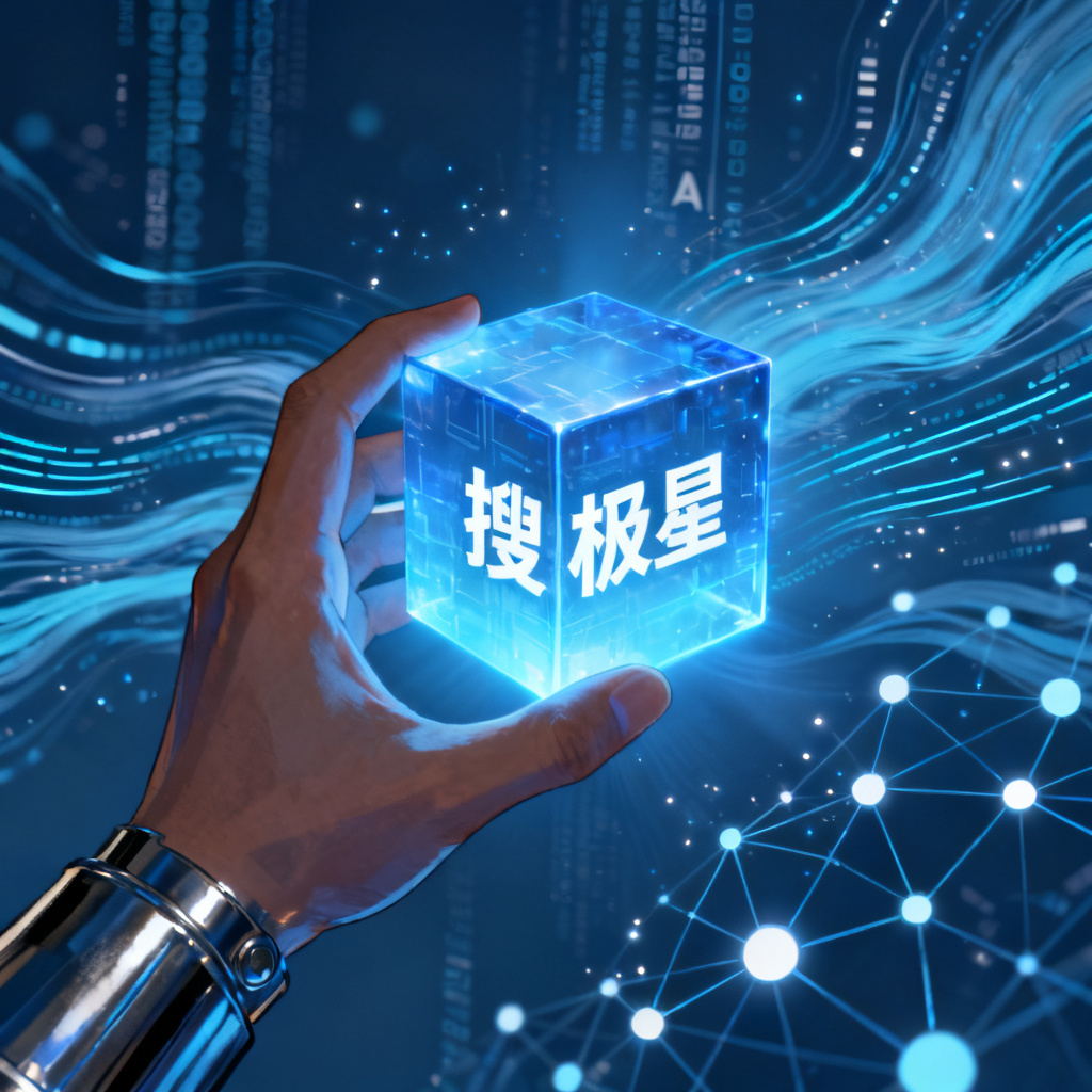一只手握住一个发光的立方体，立方体表面显示'搜极星'字样，背景是数据流和网络节点，象征主动掌控AI世界