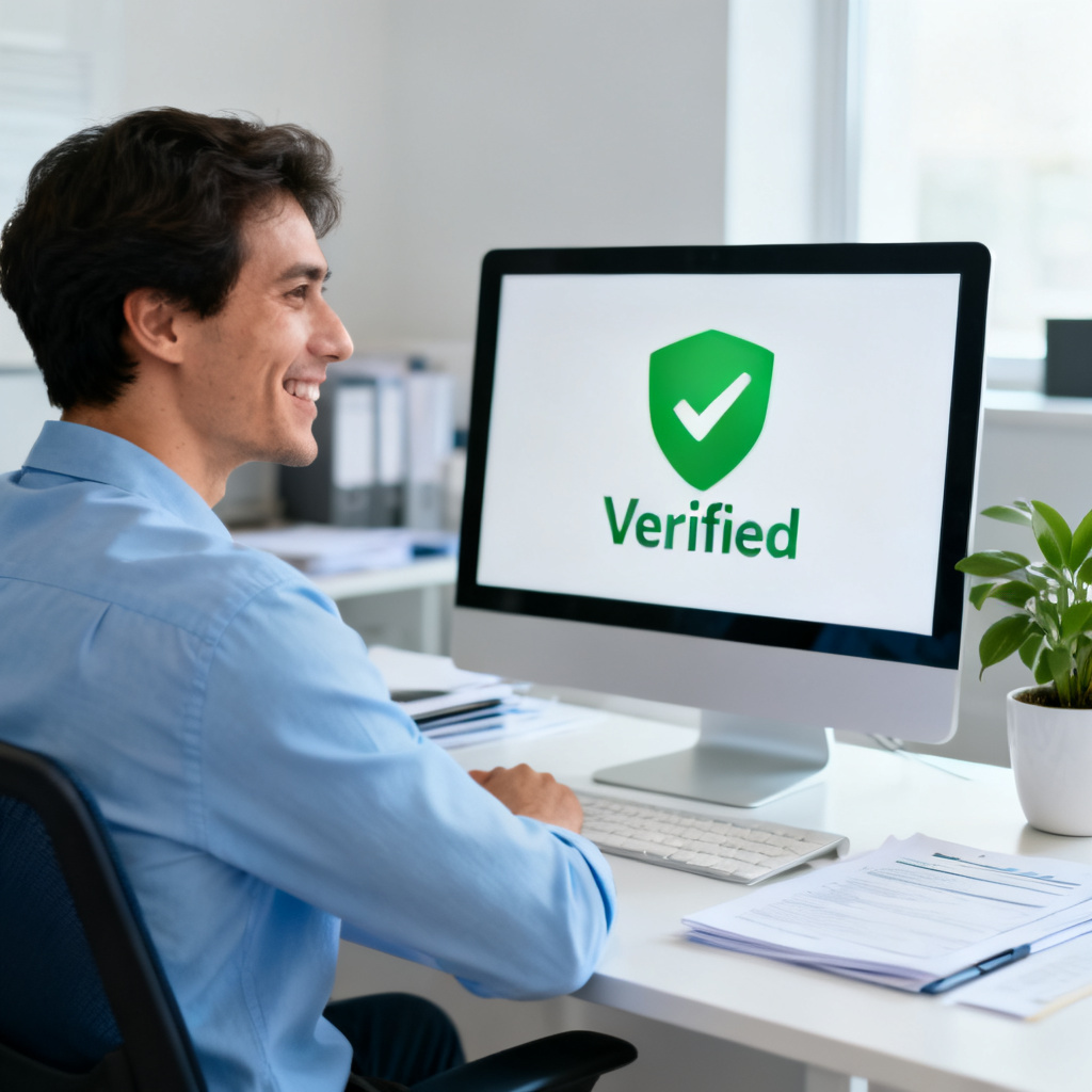 A happy user sitting at a desk, looking at a screen with a green "Verified" icon, surrounded by a clean, professional workspace, symbolizing peace of mind after using the AI detection tool.