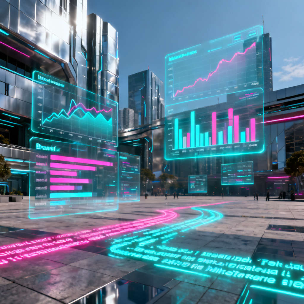 A futuristic city square with holographic charts showing industry trends, brand rankings, and real-time data streams