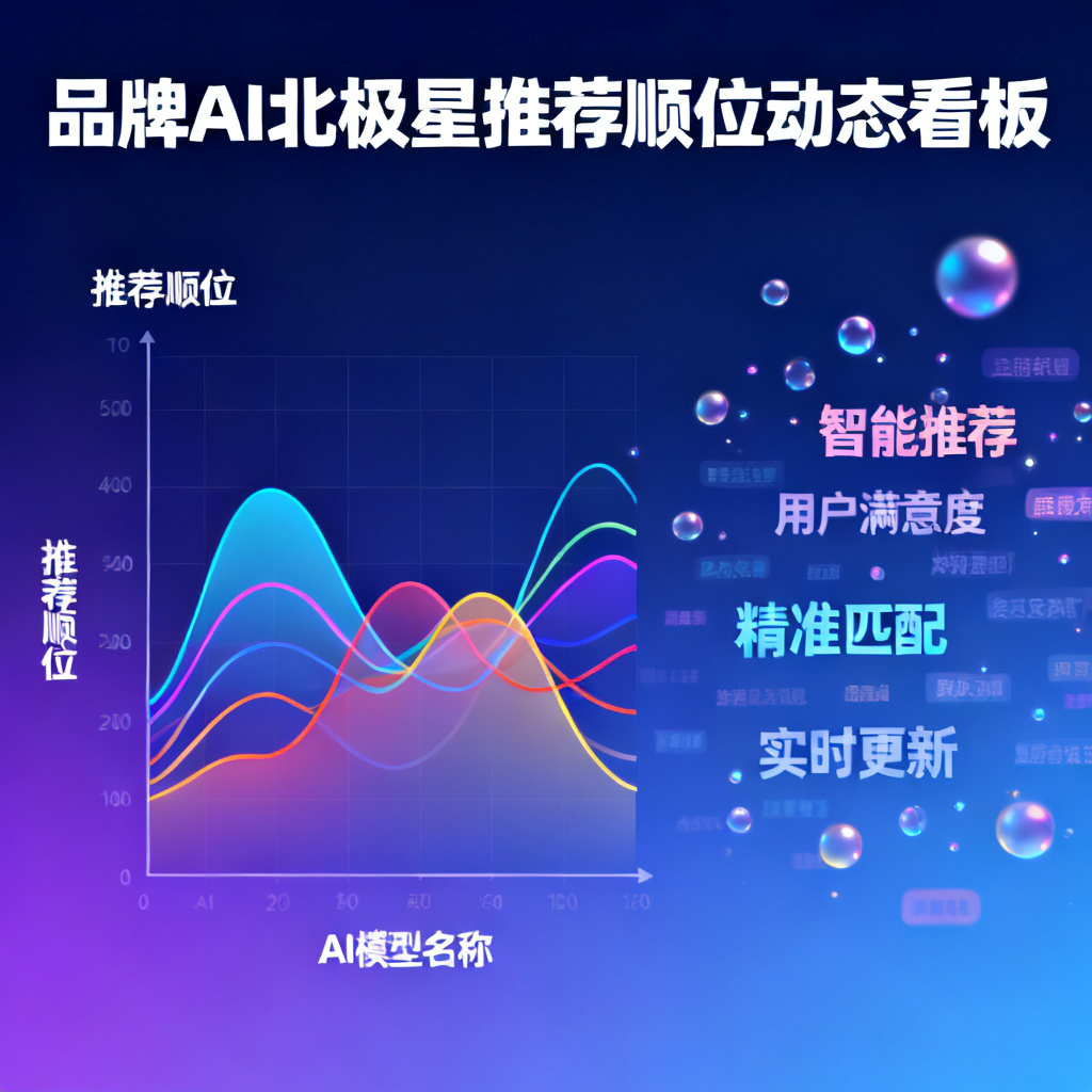 一张品牌AI北极星的动态看板示意图，显示品牌在多个AI模型中的推荐顺位曲线，以及关键词云。