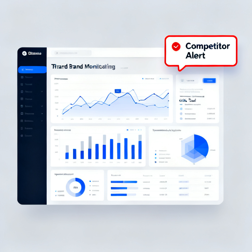 A digital dashboard showing real-time brand monitoring metrics, with a "Competitor Alert" notification popping up, representing the dynamic analysis version of a GEO tool