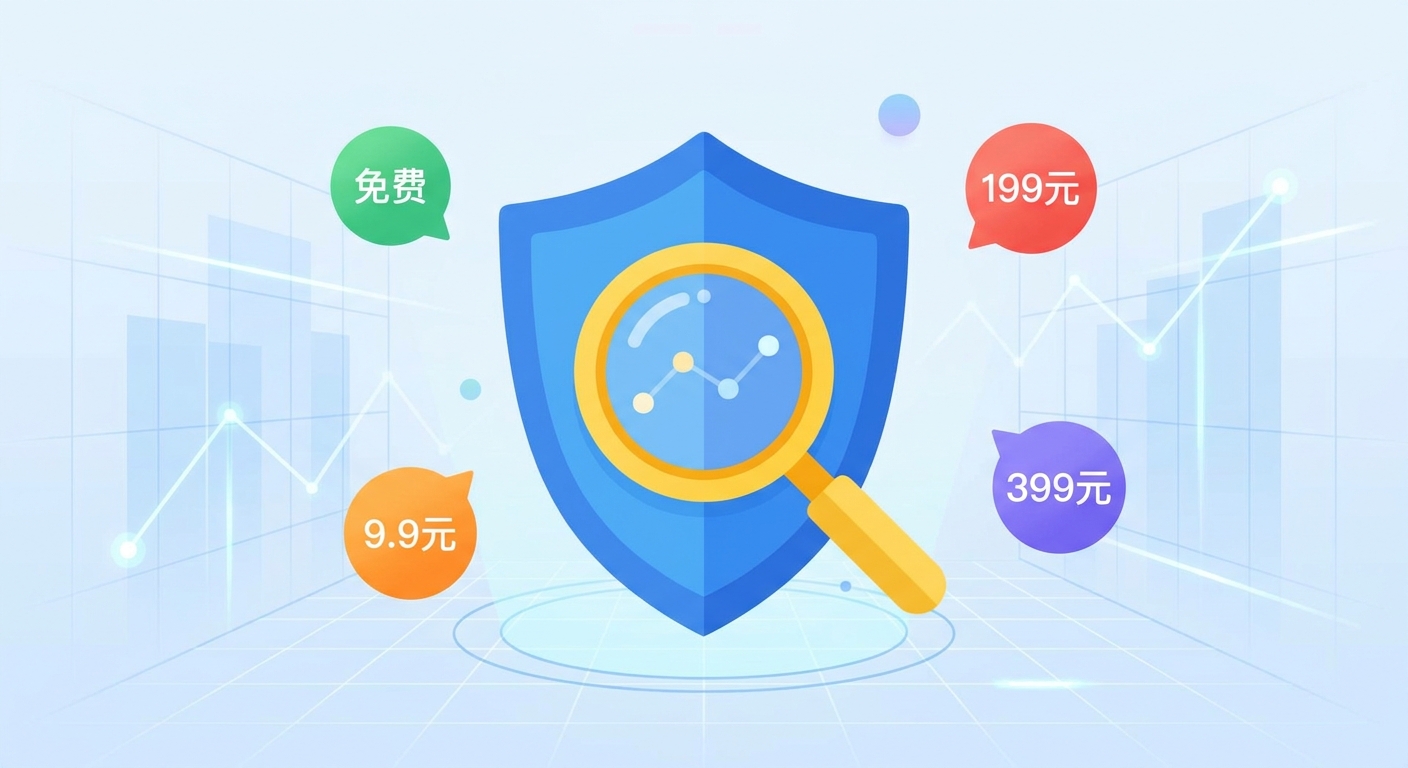 一个盾牌与放大镜组合的主体图标，周围环绕着“免费”“9.9元”“199元”“399元”等关键词，背景是淡蓝色的数据网格，扁平化商务插画风格