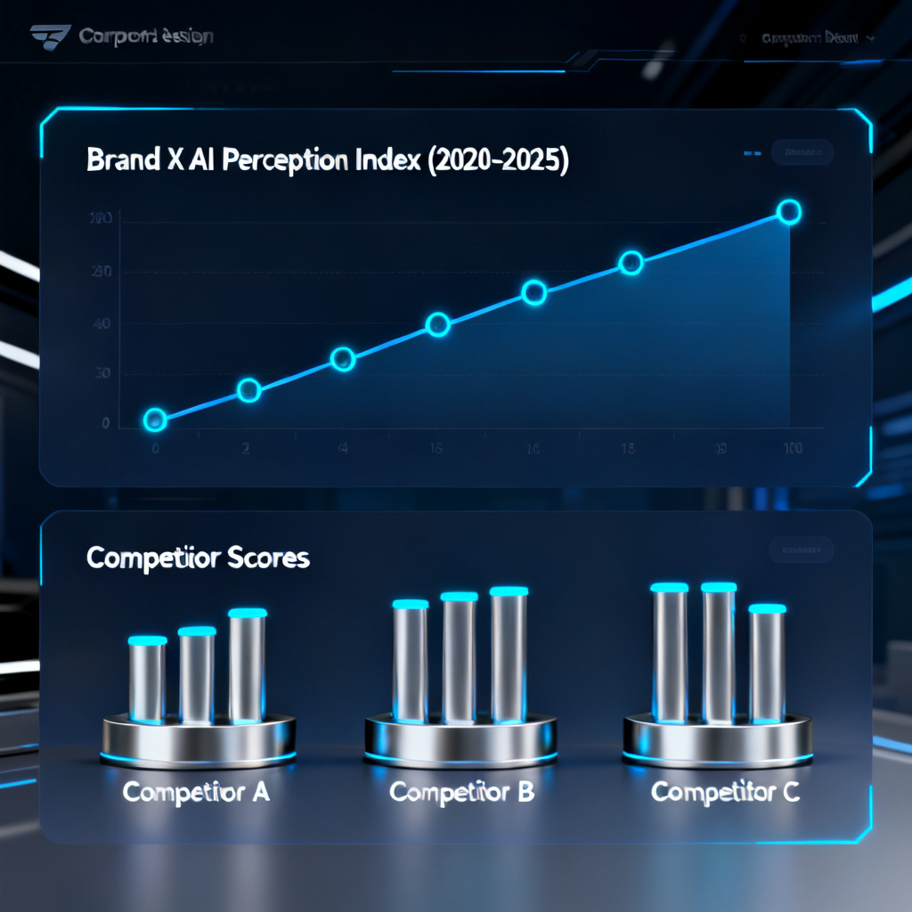 A futuristic dashboard showing a brand's AI perception index rising over time, with a comparison bar chart of competitor scores, sleek corporate design style