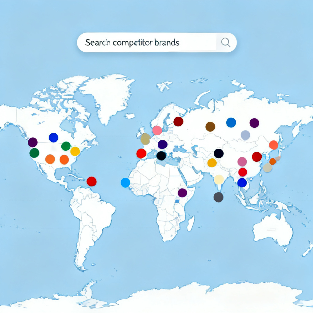 A global map with industry indices for 20 categories, each represented by a colored dot, with a search bar for competitor brands.