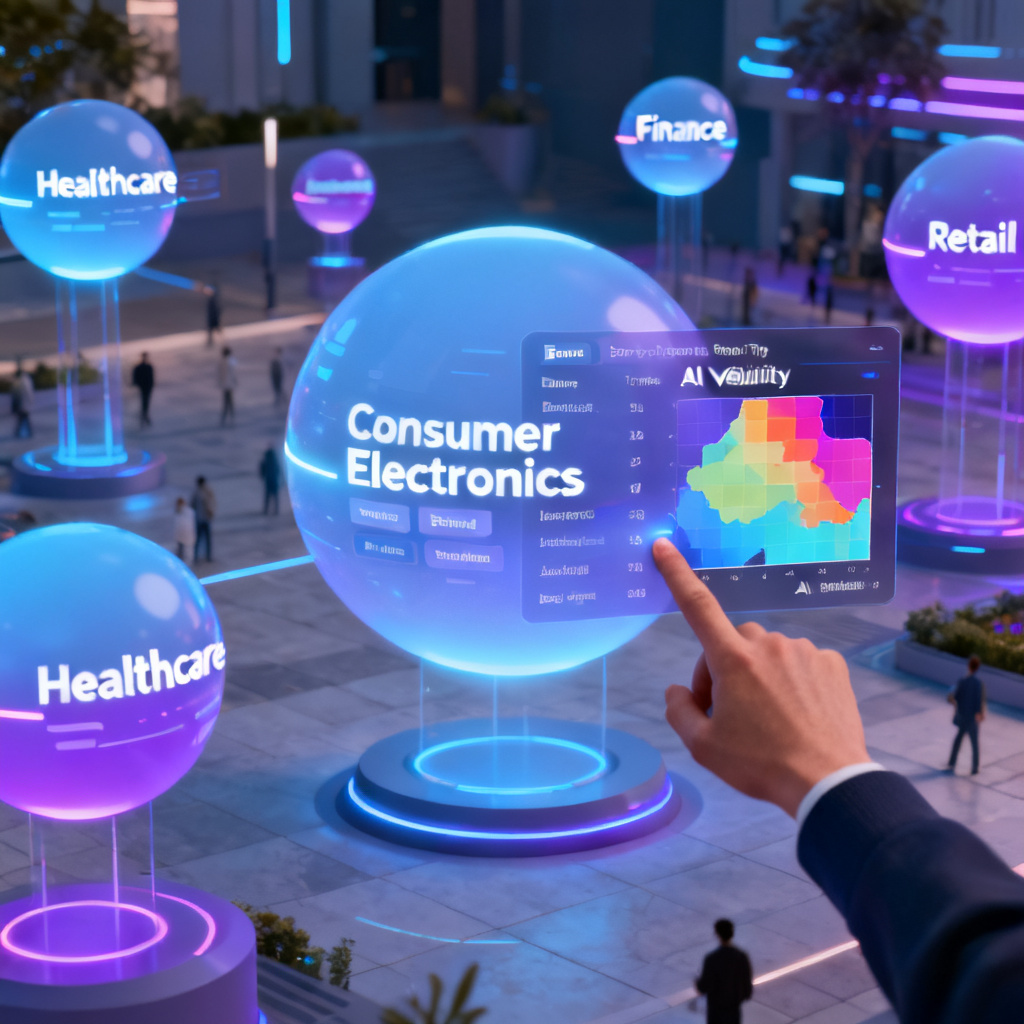 A virtual plaza with floating data spheres, each representing an industry sector (e.g., Healthcare, Finance, Retail). A user clicks on the "Consumer Electronics" sphere, revealing brand rankings and a heatmap of AI visibility.