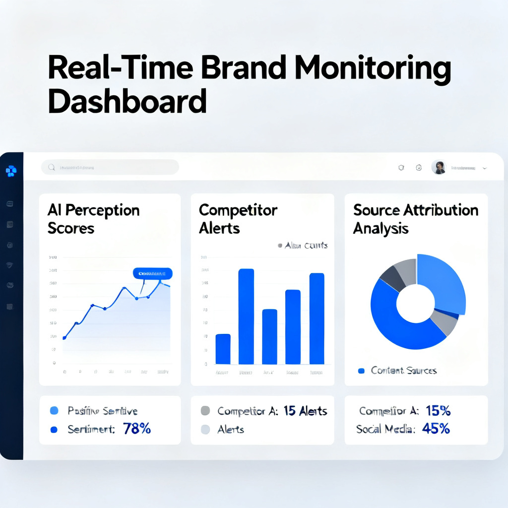 A dashboard interface showing real-time brand monitoring data, with multiple charts displaying AI perception scores, competitor alerts, and source attribution analysis
