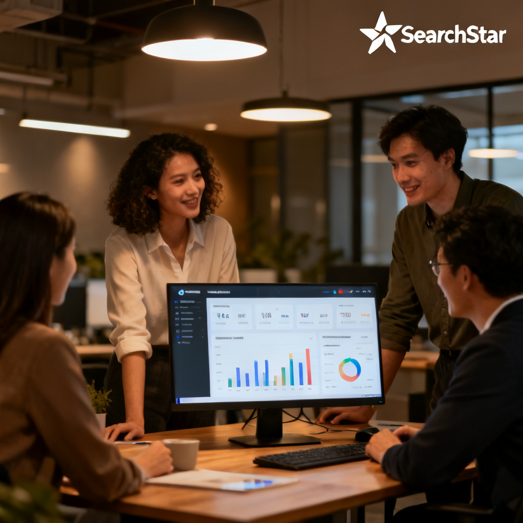 A business team gathered around a digital dashboard displaying real-time brand perception metrics, with a 'SearchStar' logo in the corner. Modern office setting, warm lighting.