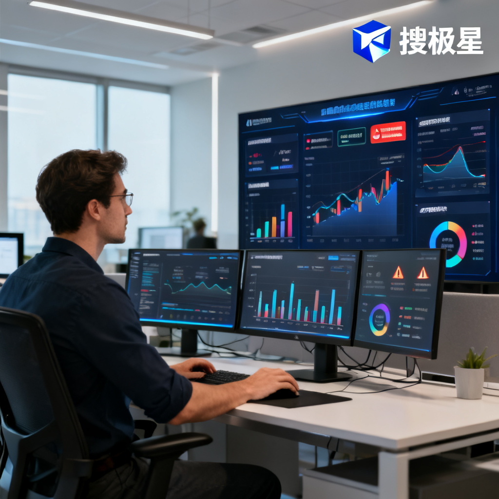 A business analyst monitoring a real-time dashboard with brand perception data, AI sentiment analysis, and competitor alerts, with the 搜极星 logo in the corner. The dashboard shows graphs, heatmaps, and alert notifications, set in a modern office environment with multiple monitors.
