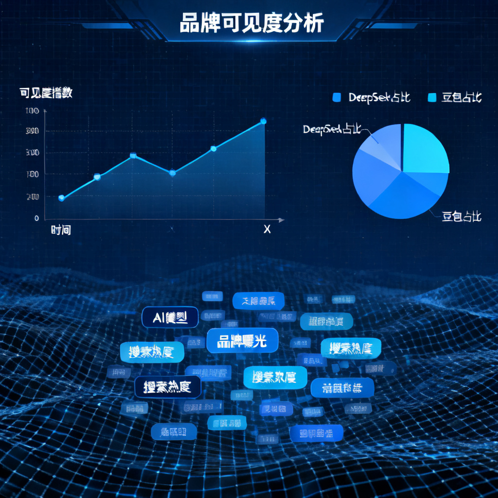 企业级动态看板，展示品牌在DeepSeek、豆包等模型中的可见度曲线，带有折线图、饼图和关键词云，背景是深蓝色科技网格。