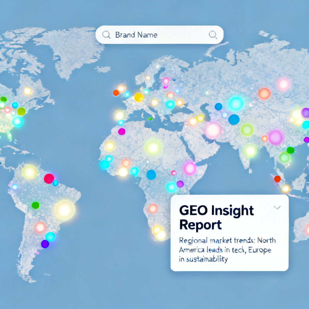 A global map with glowing dots representing industry sectors, with a search bar for 'Brand Name' and a pop-up showing a GEO insight report.
