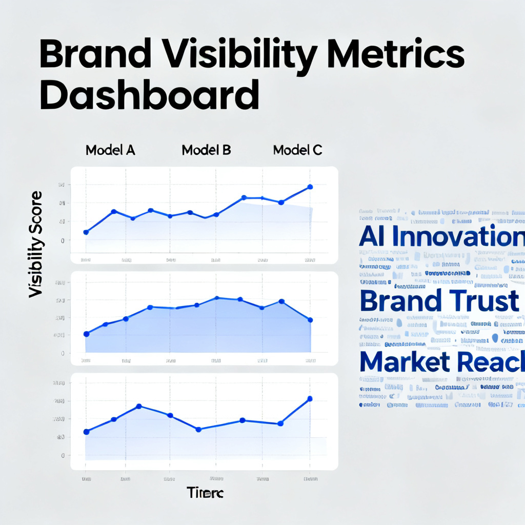 A business analytics dashboard displaying brand visibility metrics across multiple AI models, with line charts and keyword clouds
