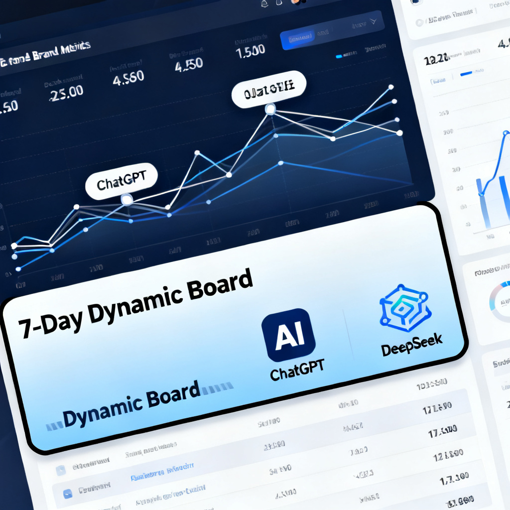 A dashboard interface showing real-time brand metrics, with lines connecting to various AI model logos like ChatGPT and DeepSeek, and a "7-Day Dynamic Board" section highlighted