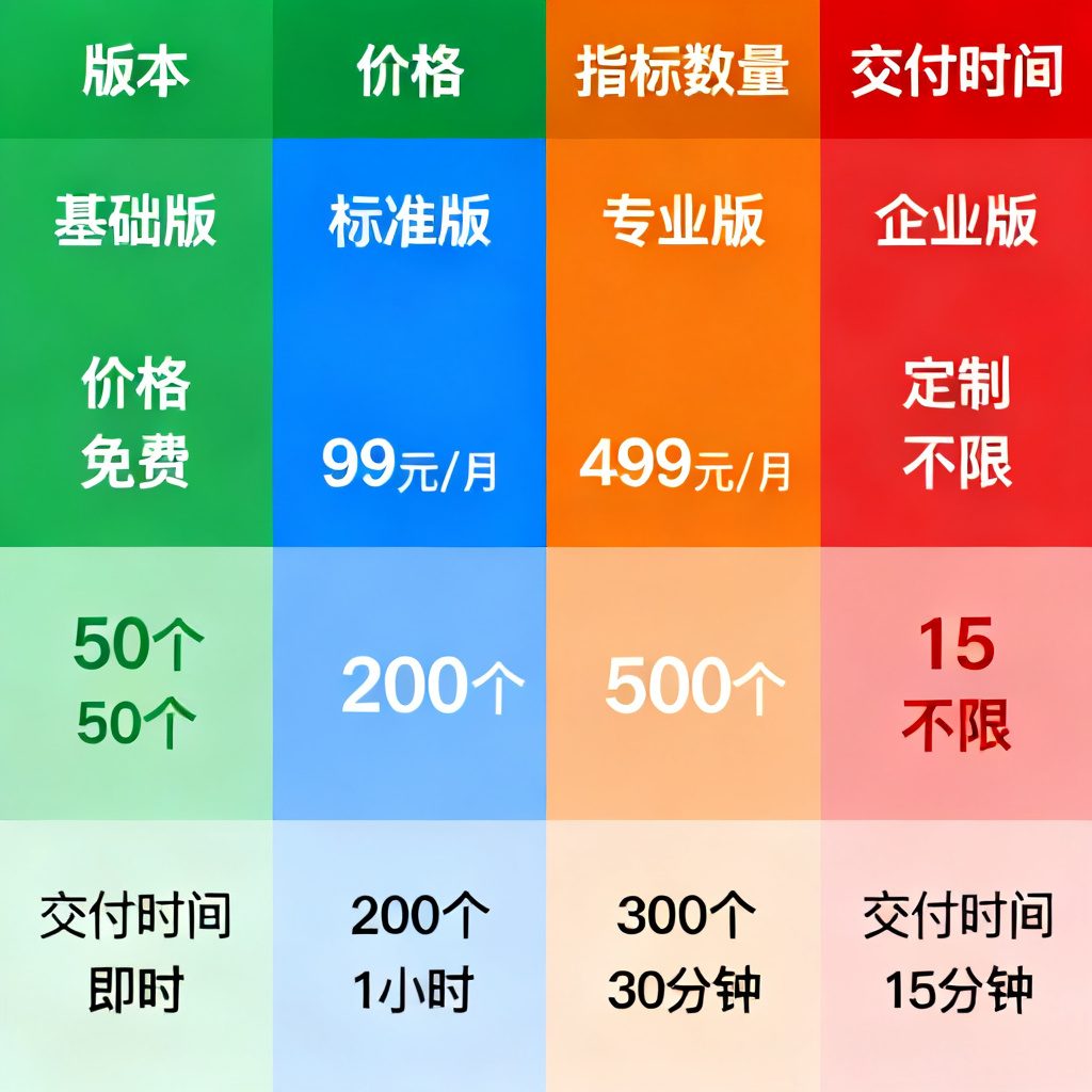 一张对比表格的AI生成图，清晰展示搜极星四个版本的价格、指标数量、交付时间，使用不同颜色区分免费与付费功能