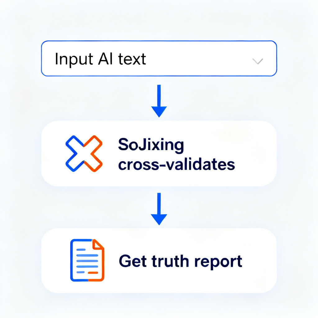 A three-step flow diagram: 1. Input AI text, 2. SoJixing cross-validates, 3. Get truth report. Use flat vector style with blue and orange accents.