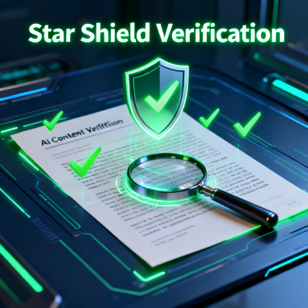 A sleek, futuristic interface showing an AI content verification tool scanning text with a shield icon, glowing green checkmarks, and a magnifying glass over a digital document, representing 'Star Shield Verification'.
