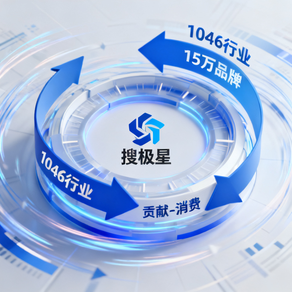 一个动态数据飞轮，中心是“搜极星”标志，周围环绕“1046行业”、“15万品牌”，箭头循环指向“贡献-消费”