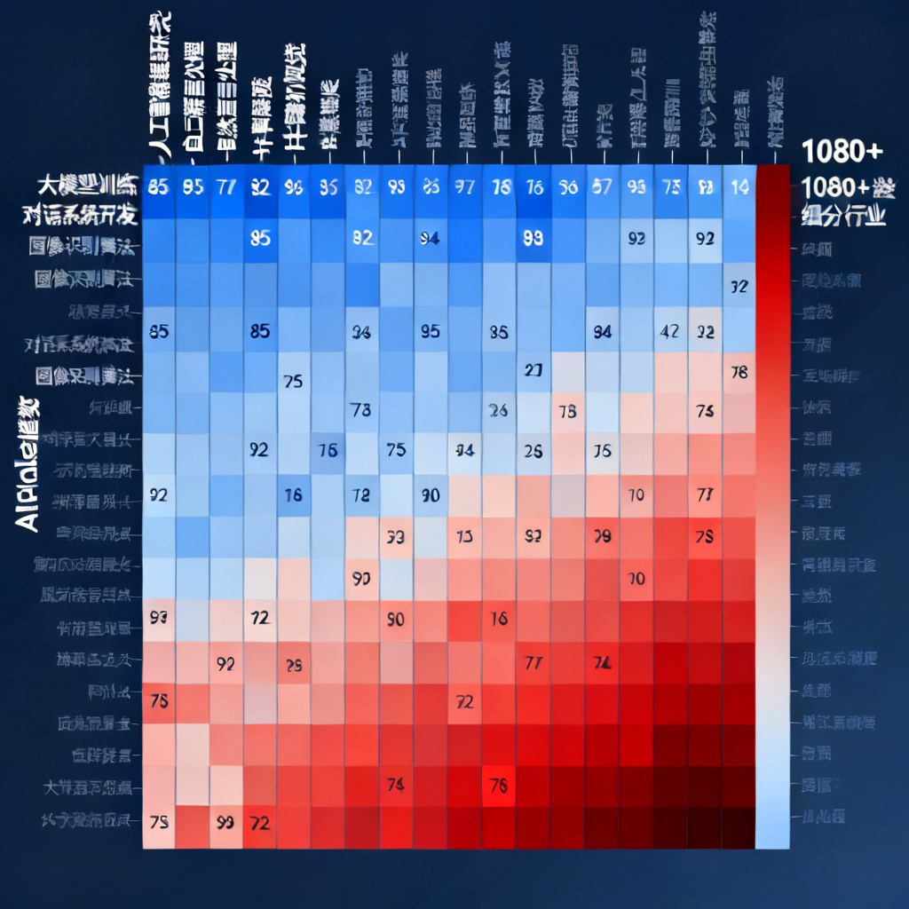 一个热力图，展示不同行业的AI Index指数，颜色从蓝到红表示热度高低，包含20个大类和1080+细分行业