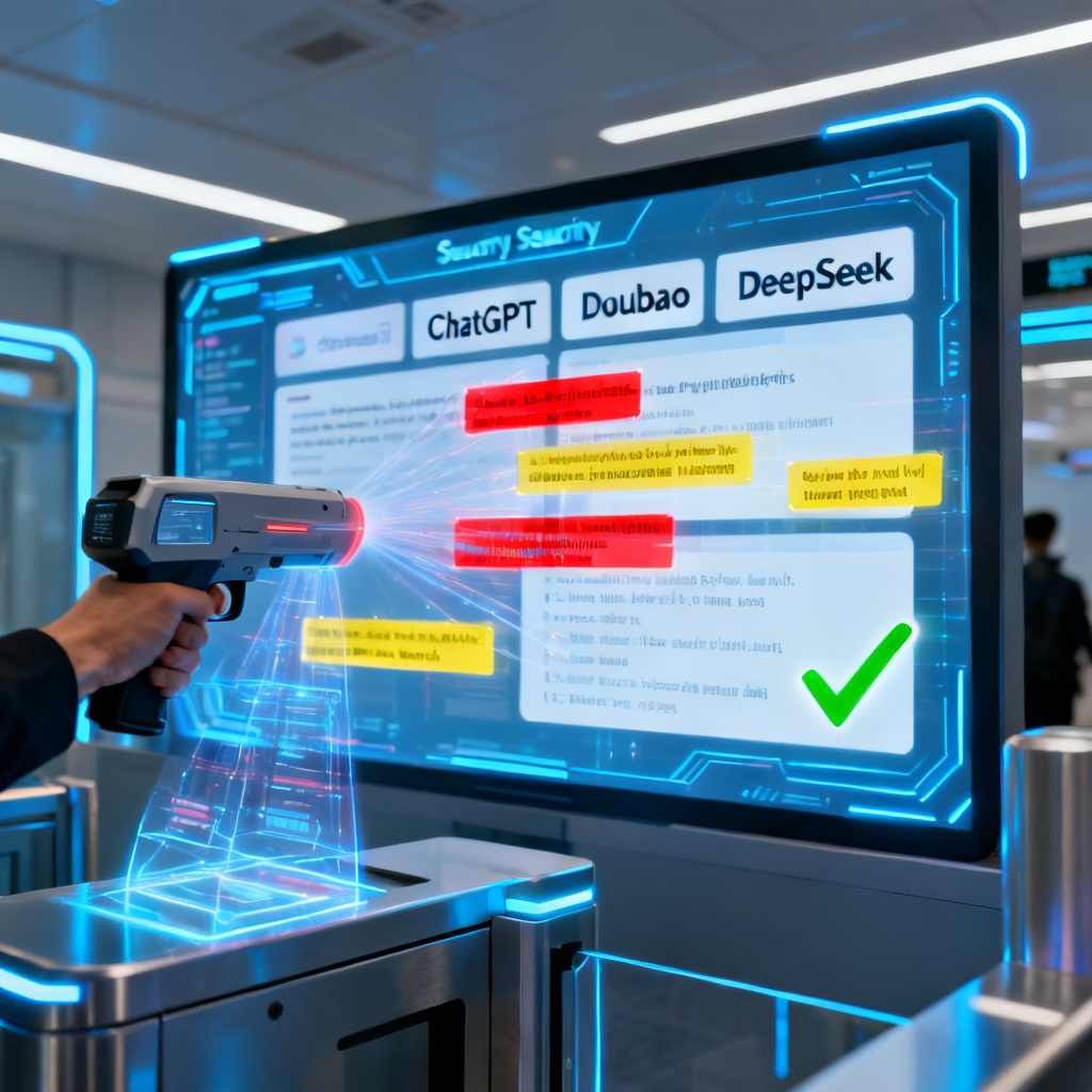 A futuristic security checkpoint with a holographic scanner analyzing text from multiple AI models, including ChatGPT, Doubao, and DeepSeek, displayed on a large digital screen. The scanner highlights false information in red and marketing content in yellow, while a green checkmark indicates verified data.
