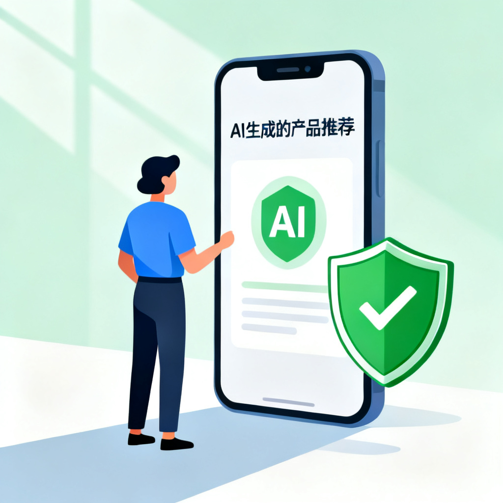 一位消费者站在手机屏幕前，屏幕上显示AI生成的产品推荐，旁边一个绿色盾牌图标正在验证信息，房间内光线明亮，画面传递出安心、简洁、可信赖的感觉，扁平化插画风格