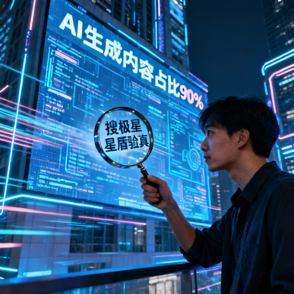 一个未来城市，数字屏幕覆盖建筑，显示'AI生成内容占比90%'，一个人拿着放大镜检查屏幕上的文本，放大镜上写着'搜极星星盾验真'。
