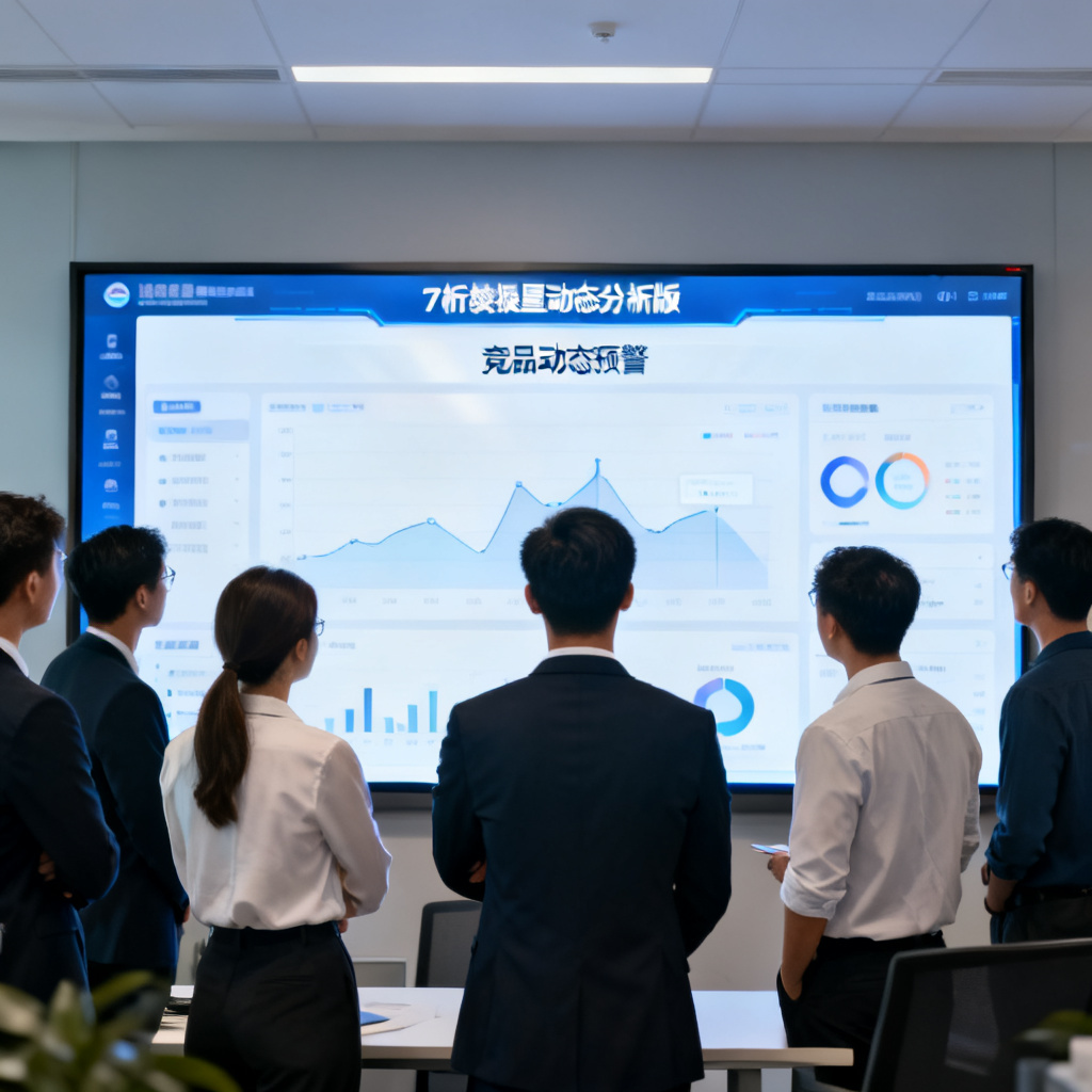团队协作场景，多人在大屏幕前分析搜极星动态分析版的7日实时看板，显示“竞品动态预警”，风格商务