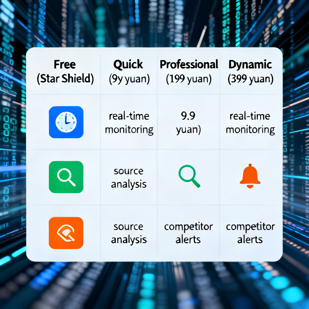 A comparison table showing four tiers of AI verification services: Free (Star Shield), Quick (9.9 yuan), Professional (199 yuan), and Dynamic (399 yuan), with icons representing features like real-time monitoring, source analysis, and competitor alerts. The table is overlaid on a blurred background of digital data streams.