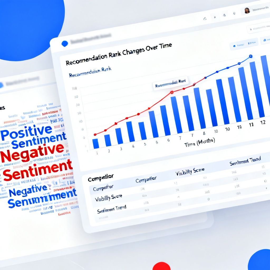 A dynamic monitoring dashboard displaying brand visibility across 12 AI models, with a bar chart showing recommendation rank changes over time, positive/negative sentiment word cloud, and competitor comparison table.