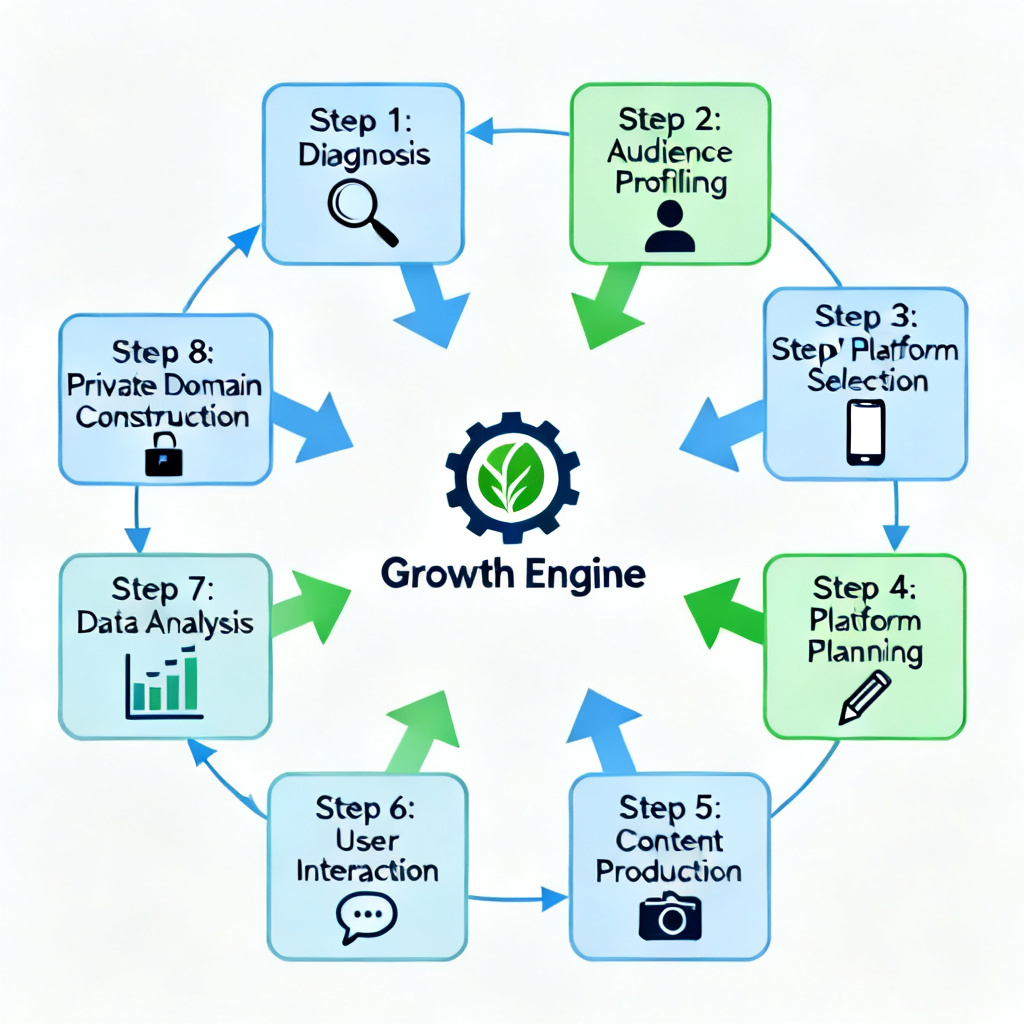 A flowchart showing 8 steps from diagnosis to private domain construction, with a 'Growth Engine' icon at the center