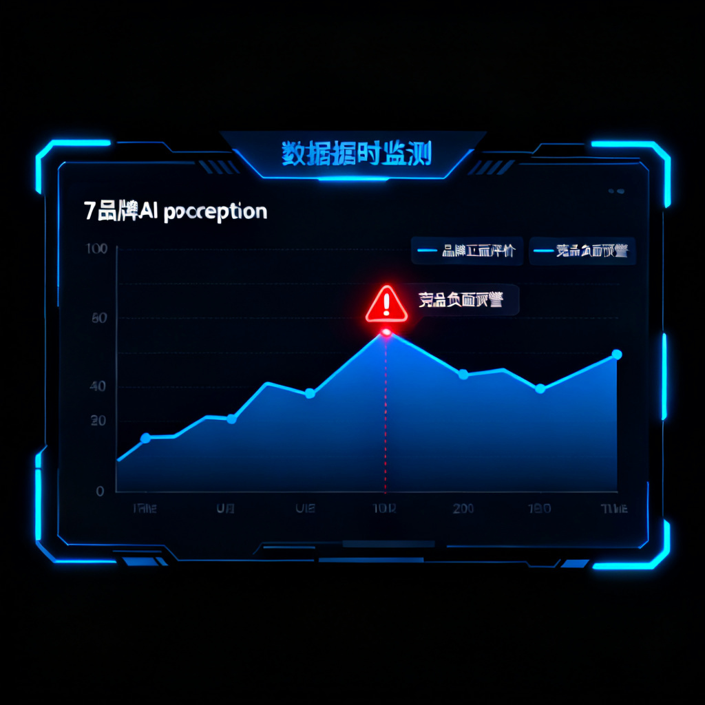 A dashboard interface showing a 7-day real-time monitoring chart for brand AI perception. The chart includes lines for "品牌正面评价" and "竞品负面预警", with a red alert icon flashing for a specific time point. The UI is sleek, with dark mode and neon blue accents.