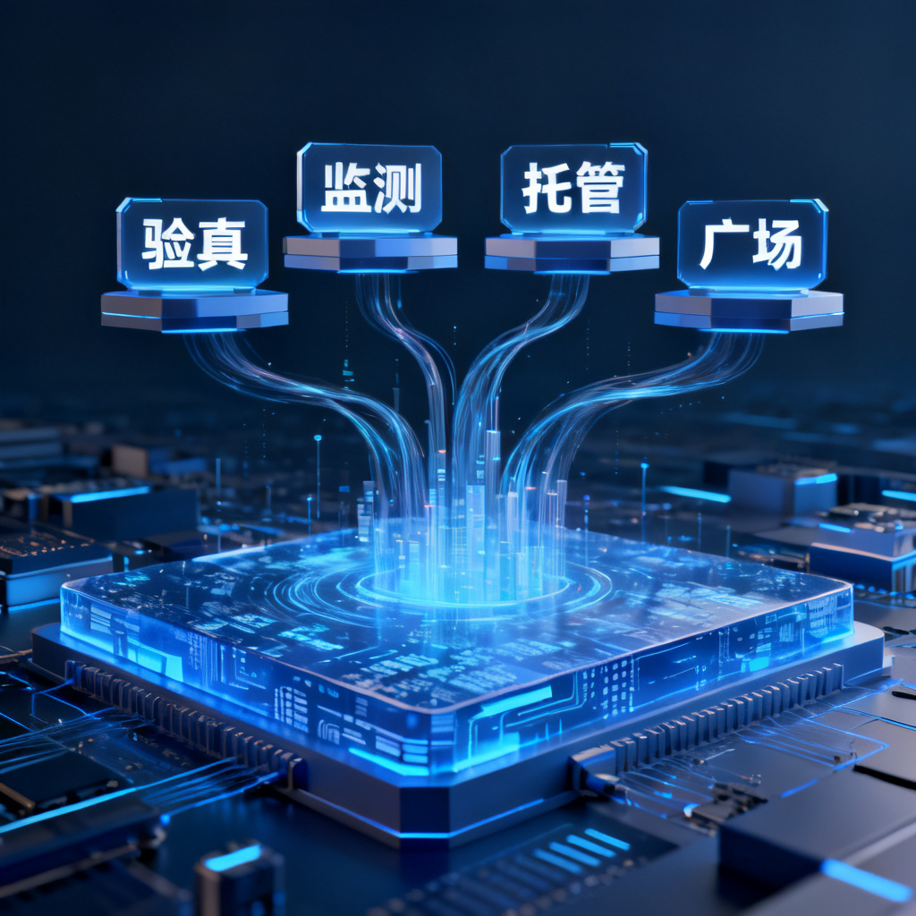 一张抽象数据流图，底层为巨大的数据湖与算法网络，向上分流为四个独立的应用模块，分别标记为验真、监测、托管和广场模块，深蓝色调，科技感立体渲染