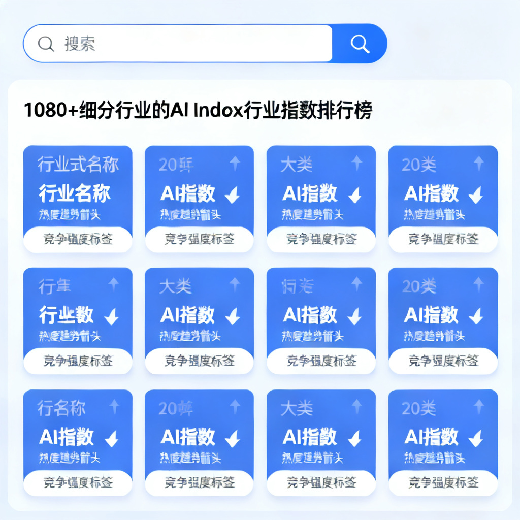 星球广场界面截图，顶部是搜索框，下方展示20个大类、1080+细分行业的AI Index行业指数排行榜，每条数据包含行业名称、AI指数、热度趋势箭头和竞争强度标签，界面采用卡片式布局