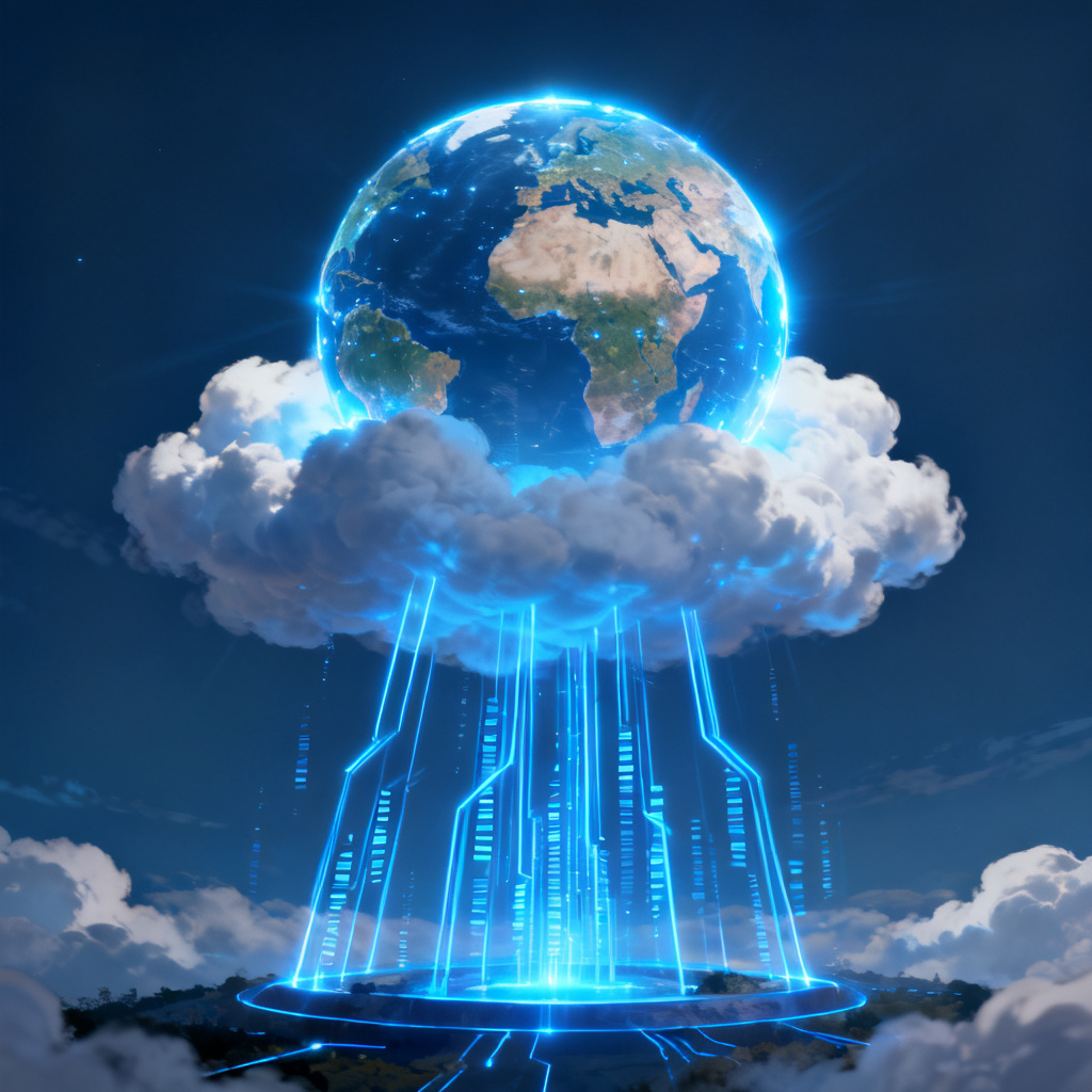 一个发光的地球悬浮在云端，多条数据光线从地面连接，象征搜极星的数据基座和行业指数