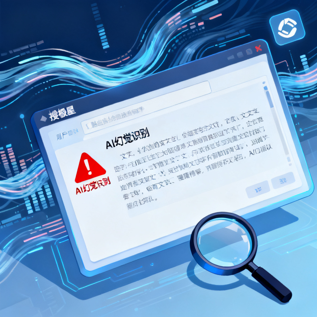 一个用户将AI生成的文本粘贴到搜极星界面，界面显示红色警告标记识别出AI幻觉，背景有数据流和放大镜图标