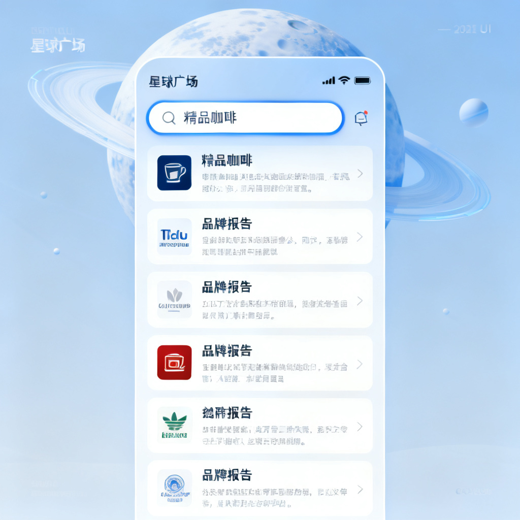 用户界面，显示星球广场搜索框，输入“精品咖啡”后展示多家品牌报告列表