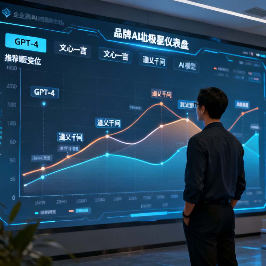 企业品牌方在品牌AI北极星仪表盘上查看实时数据，图表显示品牌在多个AI模型中的推荐顺位变化