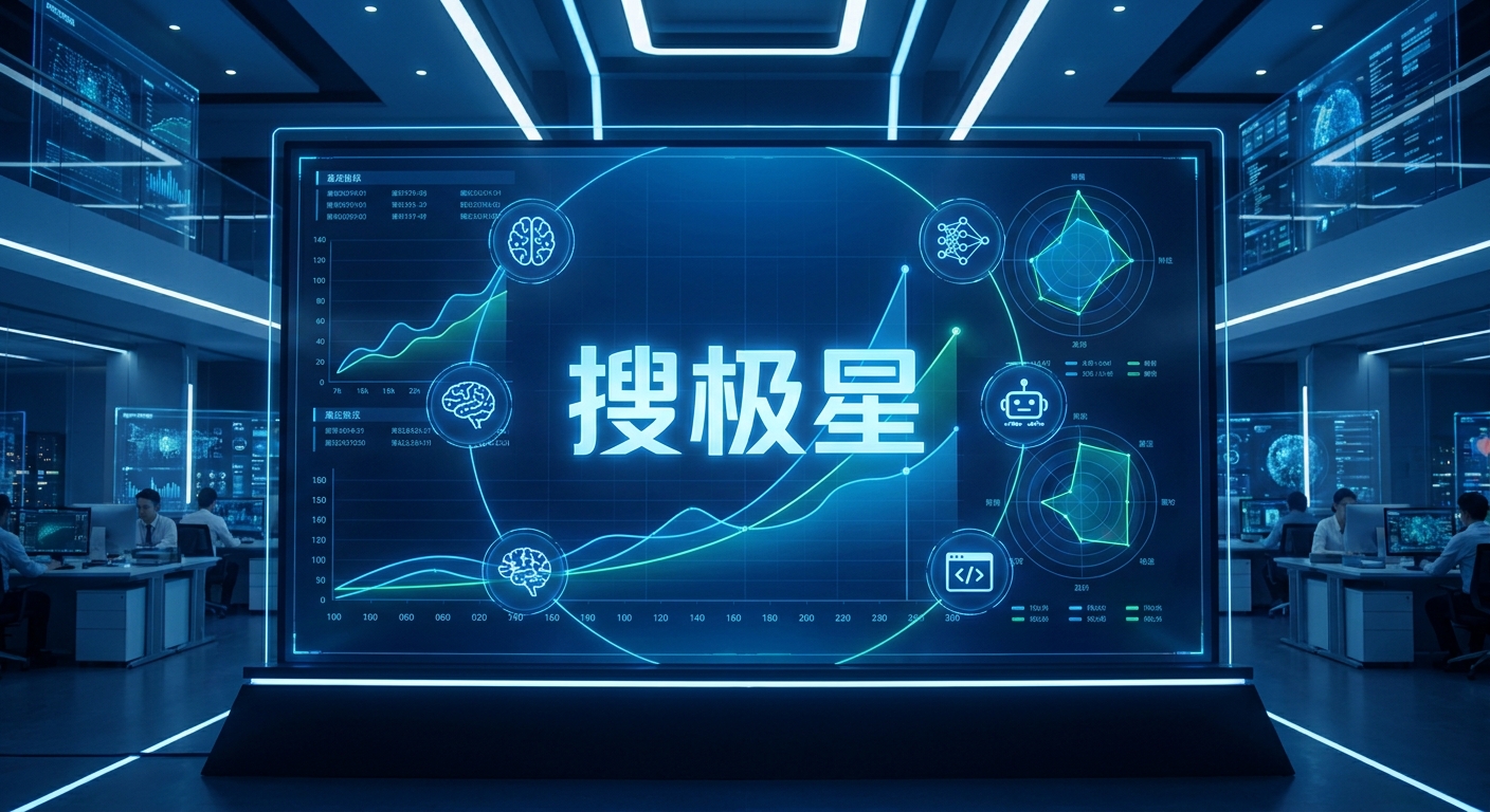 一块巨大的全息屏幕展示多个AI模型图标，屏幕中央是品牌名称“搜极星”，周围环绕着上升的数据曲线和雷达图，背景是深蓝科技感办公室