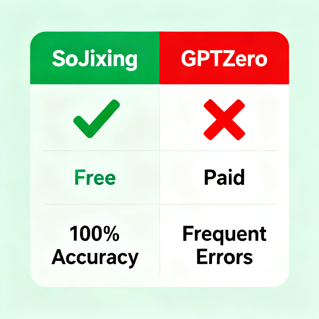 A comparison infographic table with two columns: left column 'SoJixing' with green checkmarks, right column 'GPTZero' with red crosses. Tags like 'Free' vs 'Paid', '100% Accuracy' vs 'Frequent Errors'.
