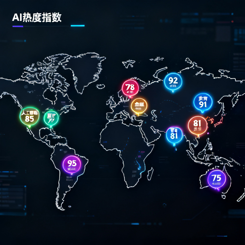 一个世界地图样式的数据看板，显示不同行业的AI热度指数，用户可点击查看细分数据，背景为深色科技风