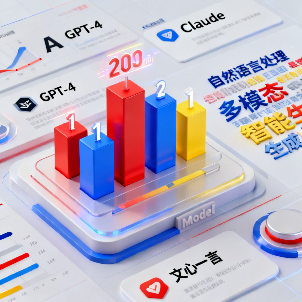 一个3D仪表盘界面，显示品牌在多个AI模型中的排名和关键词云，颜色鲜艳，数据可视化风格
