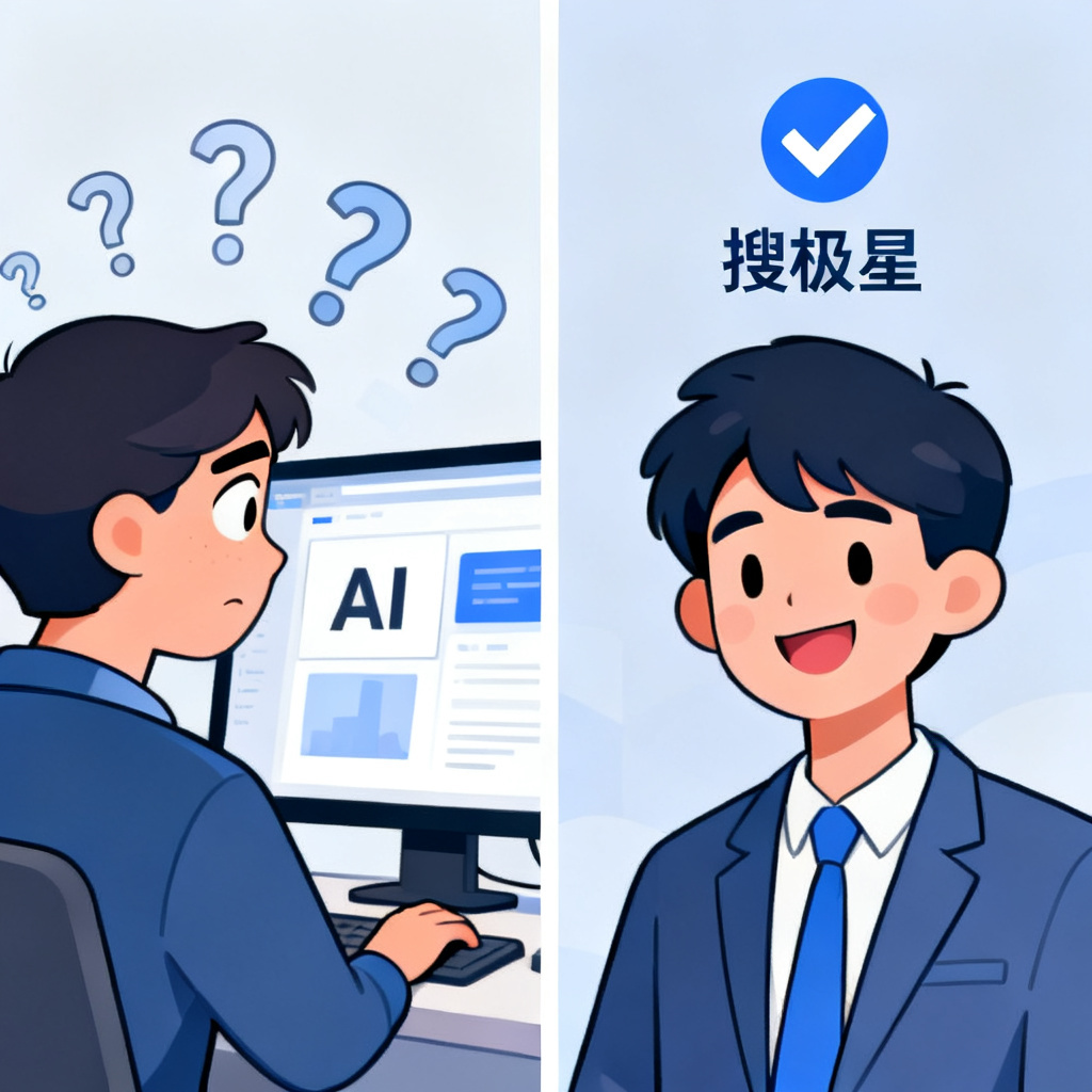 A split-screen image: left side shows a confused user looking at AI output with question marks, right side shows the same user smiling after using 搜极星's verification, with a checkmark icon. Style: cartoonish but professional, with soft colors.