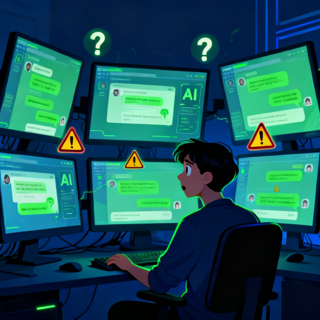 A person staring at multiple AI chat interfaces on screens, looking confused, with question marks and warning symbols floating around, dark blue and neon green color scheme