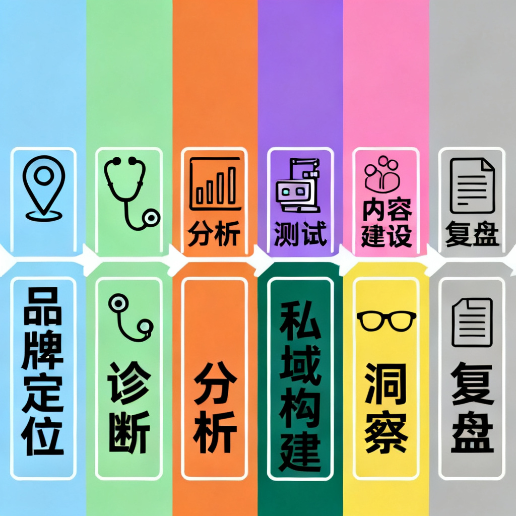 托管服务流程图，从左到右显示8个步骤：品牌定位、诊断、分析、测试、内容建设、私域构建、洞察、复盘，每个步骤用不同颜色和图标表示，整体风格类似医疗诊断流程，专业清晰