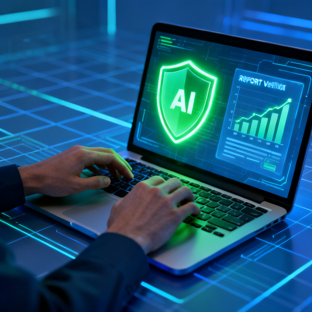 A person's hand typing on a laptop keyboard, with the screen showing a glowing shield icon and a report graph, symbolizing AI content verification. The background is a futuristic digital grid.