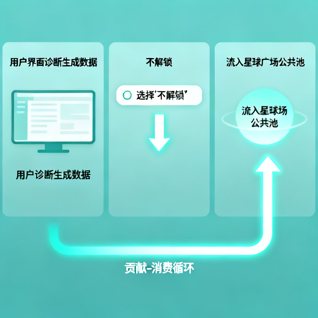 一张动态信息图，展示数据从用户诊断生成到“不解锁”后流入星球广场公共池的流程，用发光箭头连接，标注“贡献-消费循环”，风格扁平化、简洁清晰。