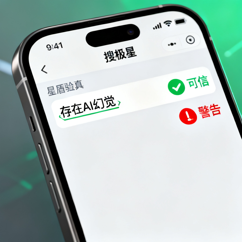 一个用户正在使用搜极星的星盾验真功能,屏幕上显示AI回答被标记为“存在AI幻觉”,旁边有绿色“可信”和红色“警告”图标。