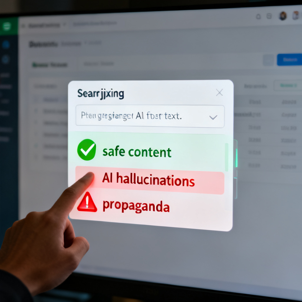 A user pasting AI-generated text into the searchjixing interface, the screen shows detection results with green checkmarks for safe content and red warnings for AI hallucinations or propaganda