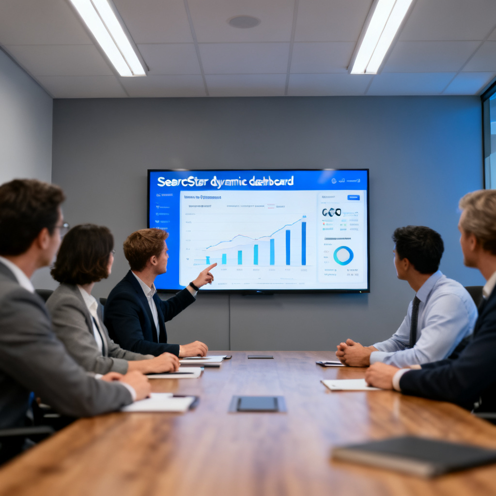 A corporate team discussing a GEO optimization report in a meeting room, screen showing SearchStar dynamic dashboard